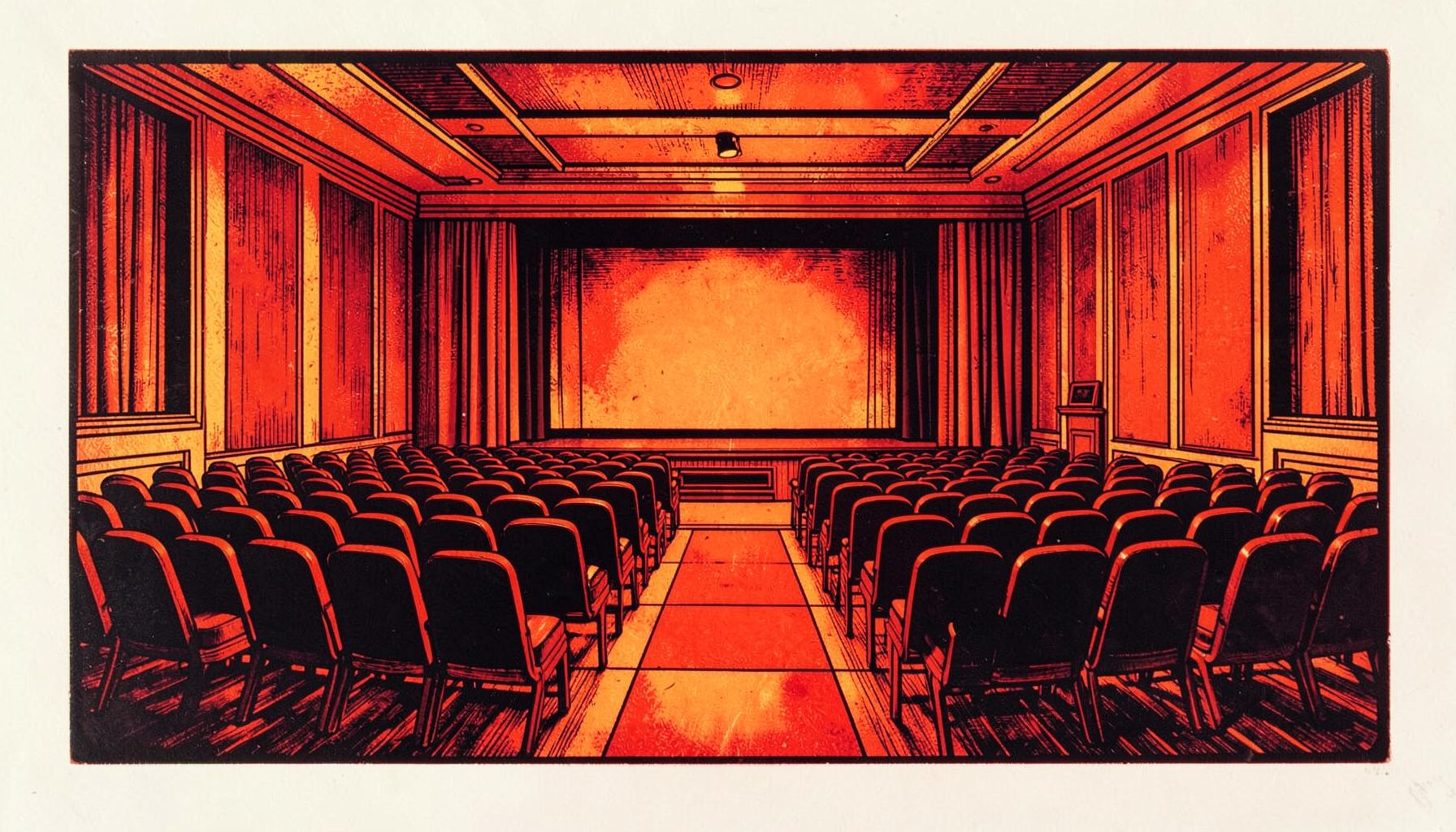 A wide linocut relief print of a conference hall interior with rows of chairs facing a stage, warm amber and charcoal tones, calm and professional mood.