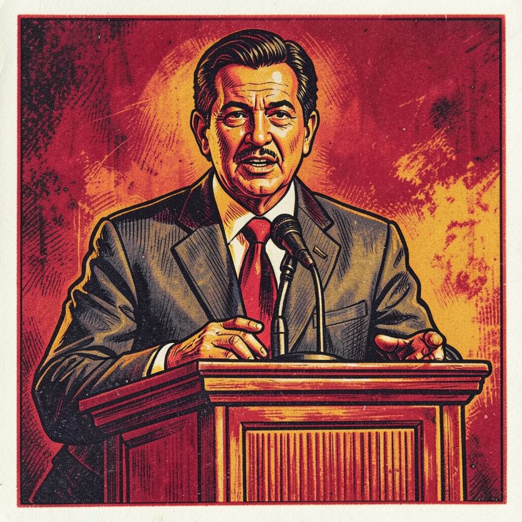 A carved linocut relief print of a confident speaker at a podium, warm ochre and charcoal tones, energetic and professional mood