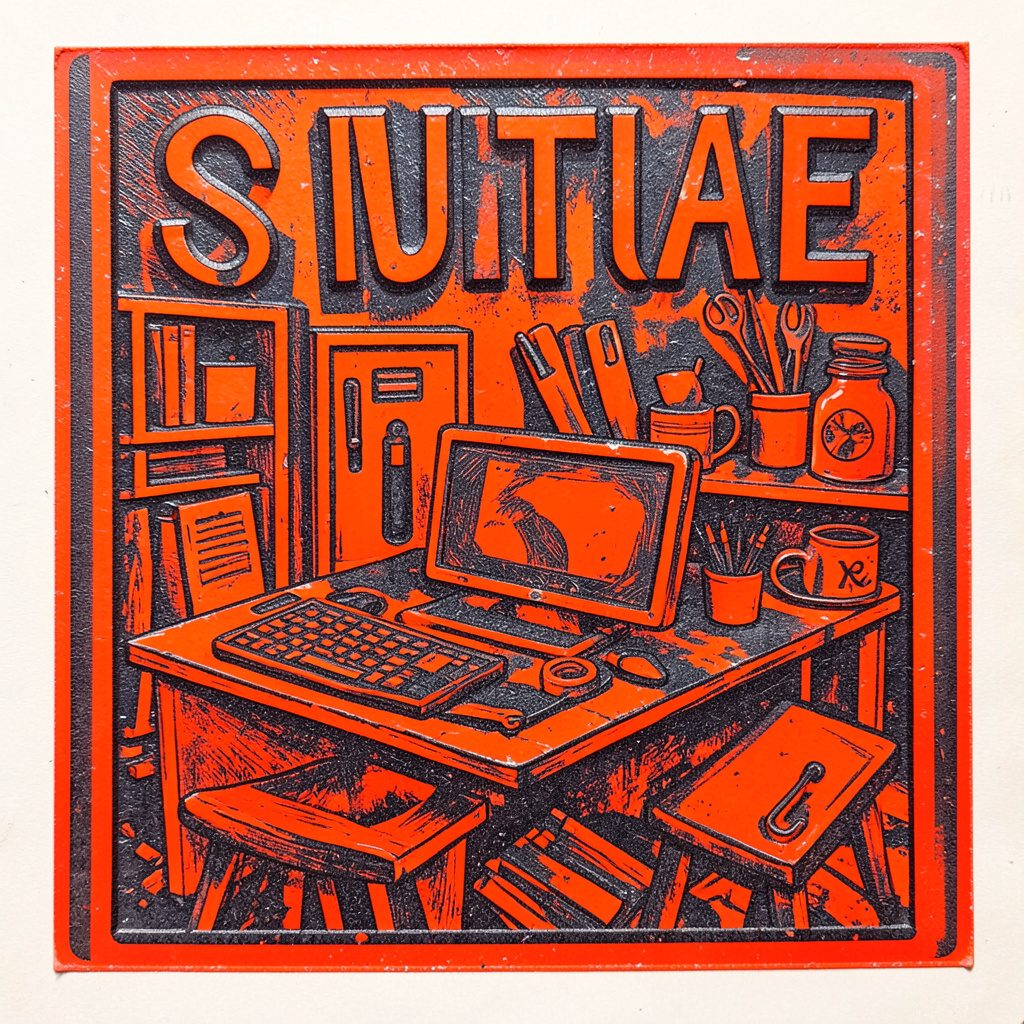 A carved linocut relief print of a creative workspace with bold typographic elements, vibrant orange and charcoal, inventive and playful mood