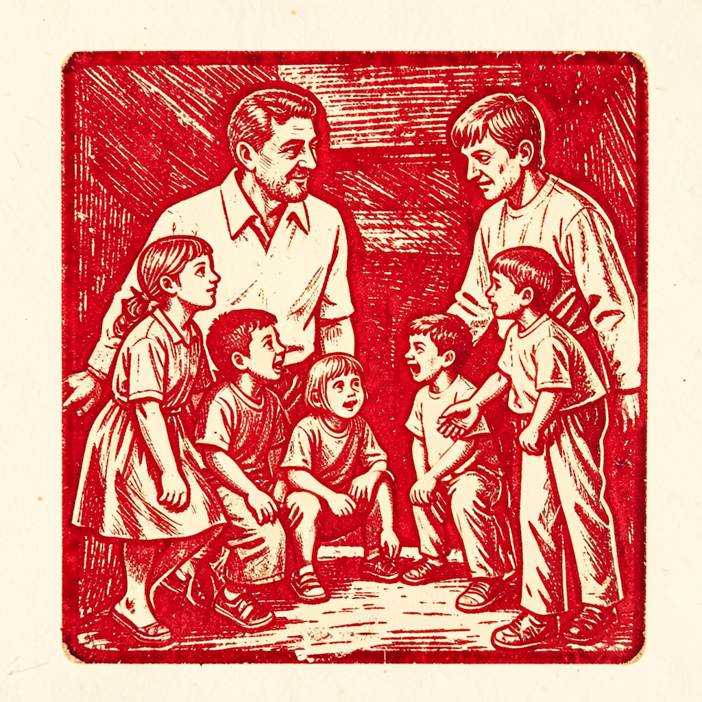 A carved linocut relief print of a mentor guiding a small group, earthy brown and cream tones, supportive and visionary mood
