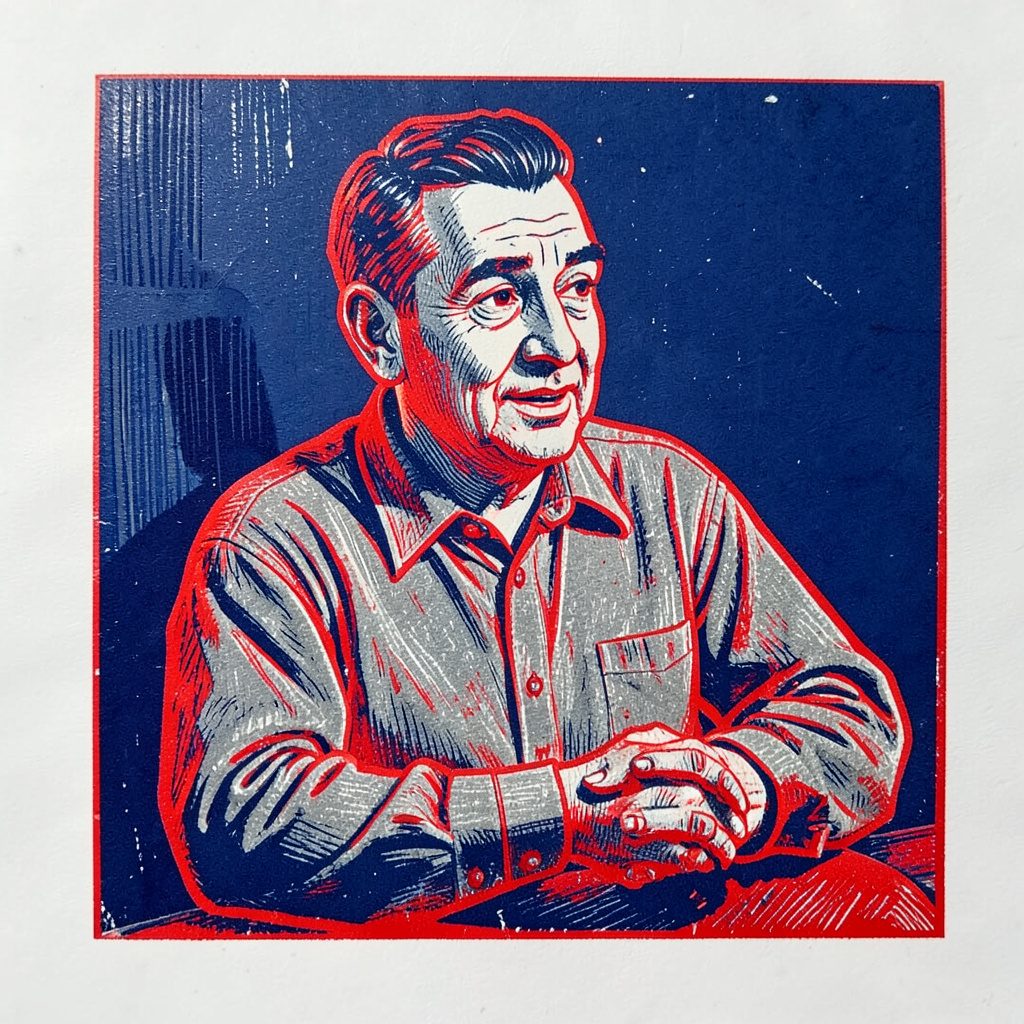 A carved linocut relief print of a person engaged in conversation, deep blue and warm gray tones, approachable and consultative mood