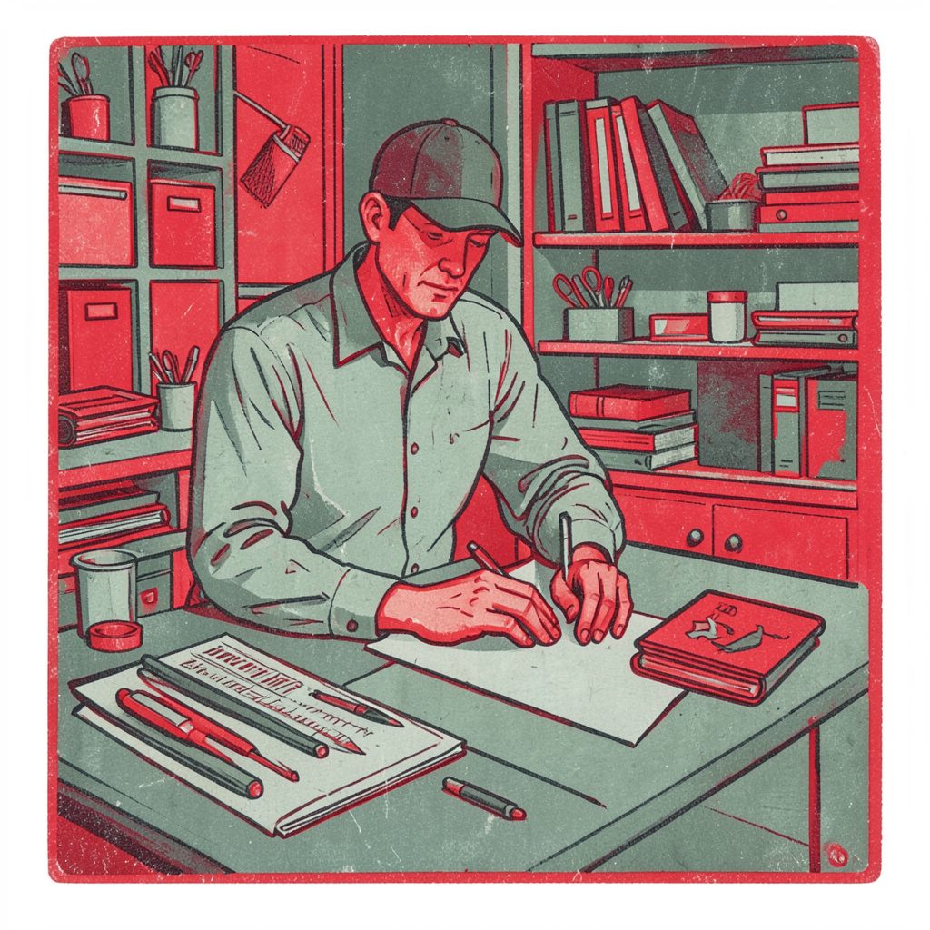 A carved linocut relief print of a calm professional organizing a workspace, muted green and charcoal tones, composed and reassuring mood
