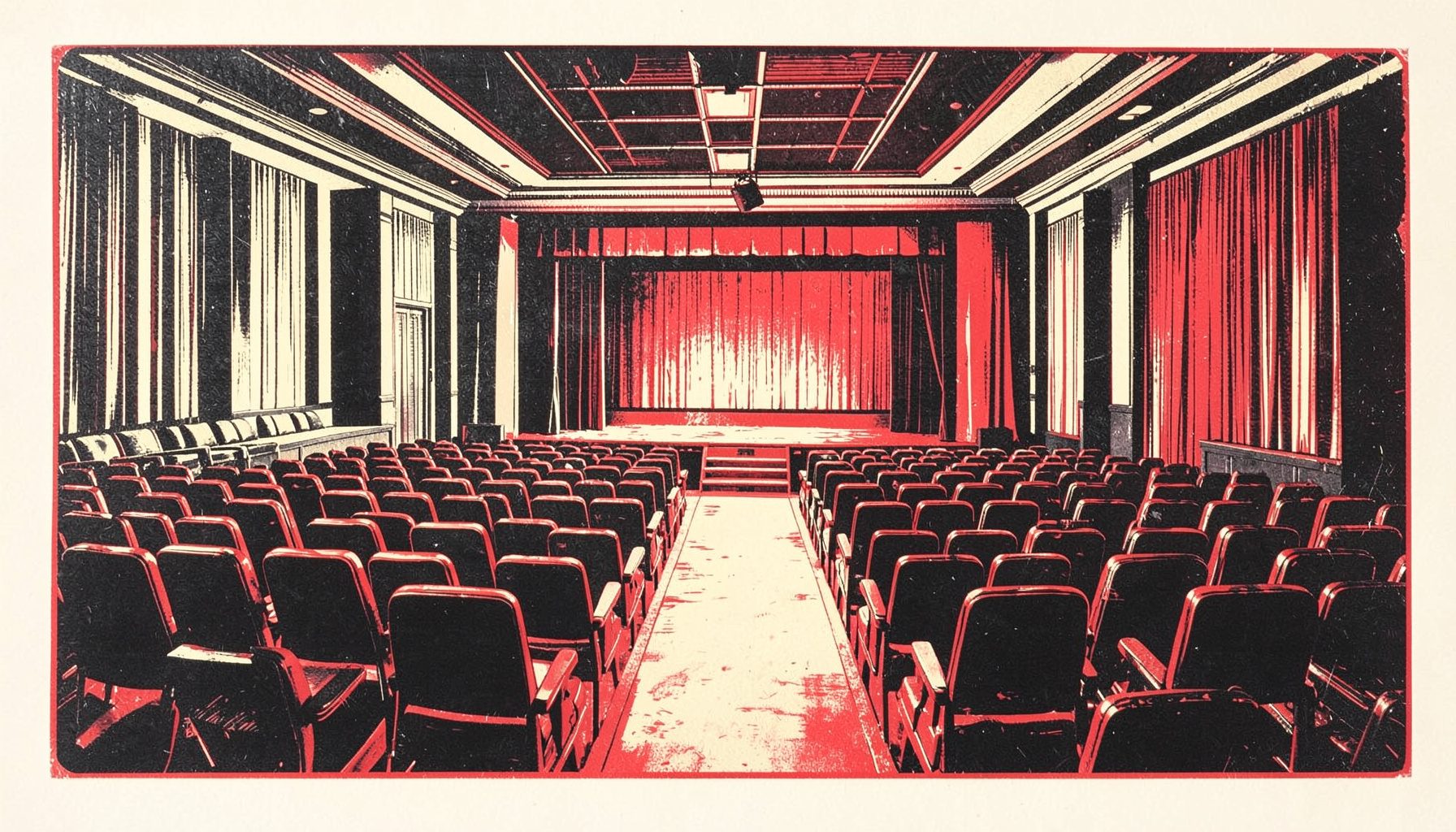 A wide linocut relief print of a conference hall interior with rows of chairs and a stage, rendered in deep charcoal and warm cream tones, conveying a professional and inviting atmosphere.