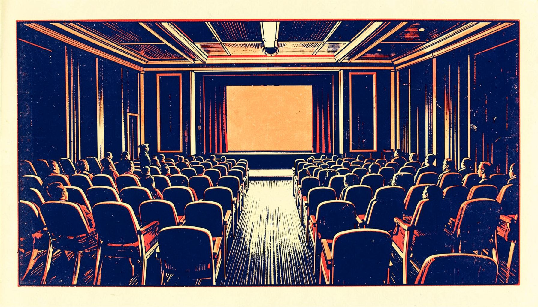 A wide linocut relief print of a conference hall interior with rows of chairs facing a stage, rendered in deep navy blue and warm cream tones, quiet and professional atmosphere.