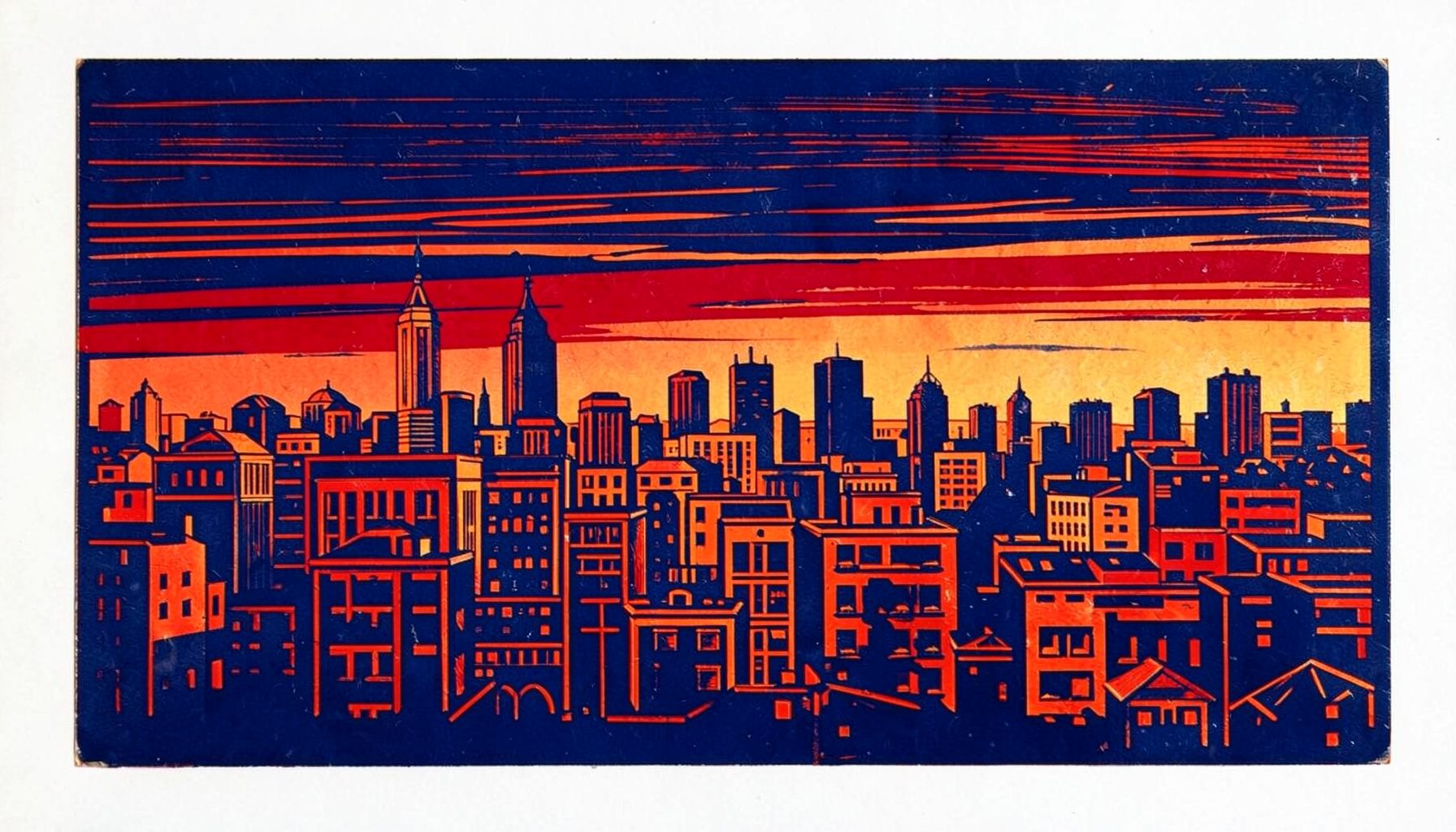 A carved linocut relief print of a wide city skyline at dusk, deep indigo and warm amber tones, calm and professional mood