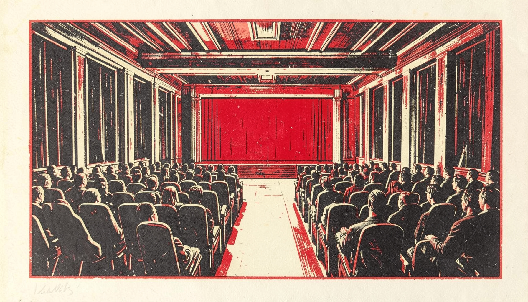 A carved linocut relief print of a conference hall interior with rows of chairs and a stage, rendered in deep charcoal and warm cream tones, conveying anticipation and professional energy.