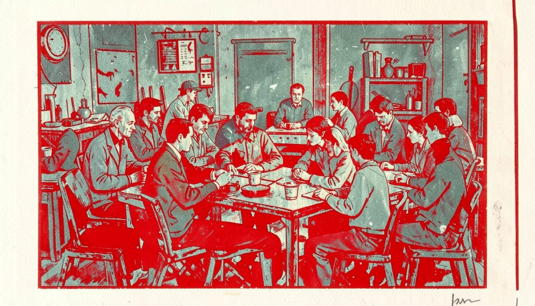 A linocut relief print of small groups gathered around tables in workshop discussion, muted teal and warm gray tones, collaborative and focused atmosphere